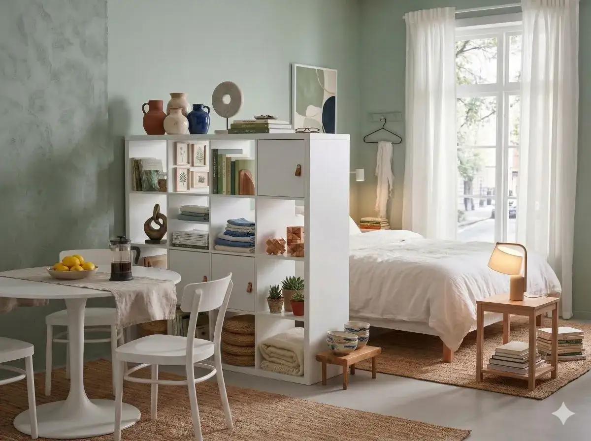Kallax Ideen: Ein Schlafzimmer mit weißem Kallax-Regal als Raumteiler, das Bücher, Vasen und Pflanzen beherbergt. Daneben ein Bett, ein Esstisch und ein Fenster.