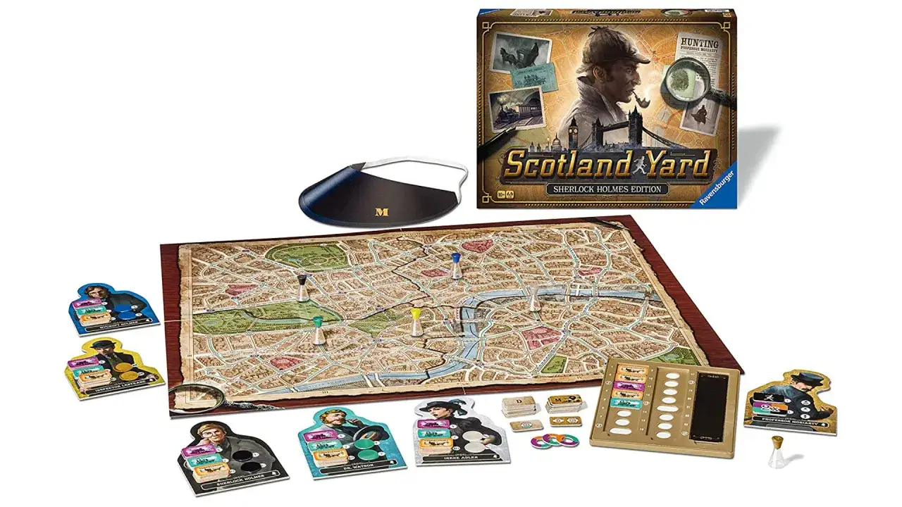 Gra planszowa Scotland Yard Sherlock Holmes Edition. Rozpocznij poszukiwania pierścienia w wiktoriańskim Londynie, ścigając Profesora Moriarty'ego.