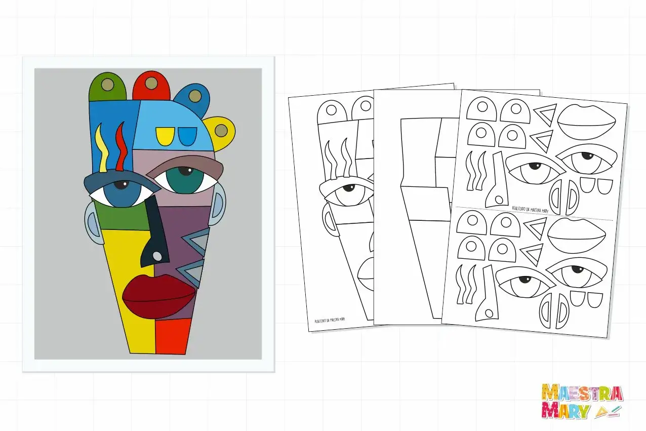 Maschere di carnevale d'autore da colorare, con elementi da ritagliare per creare volti unici e fantasiosi.
