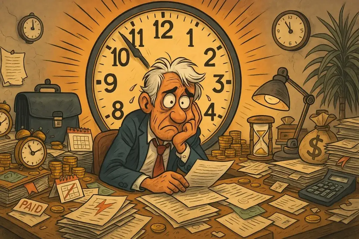 Uomo stressato sommerso da scartoffie e orologi. La sua espressione riflette il peso di una possibile denuncia per mobbing, cosa si rischia in queste situazioni.