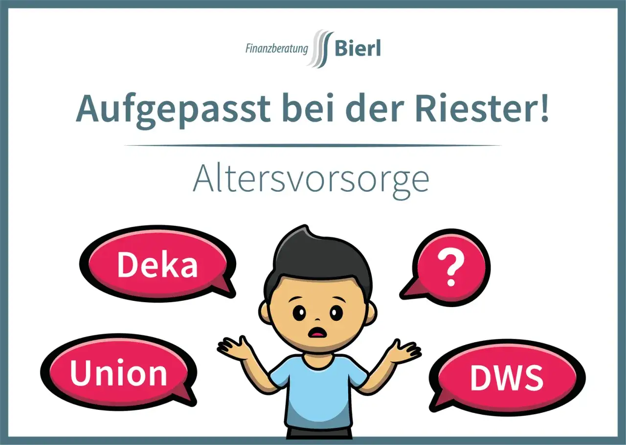 Ein Mann ist verwirrt wegen der Riester Rente. Sprechblasen zeigen 