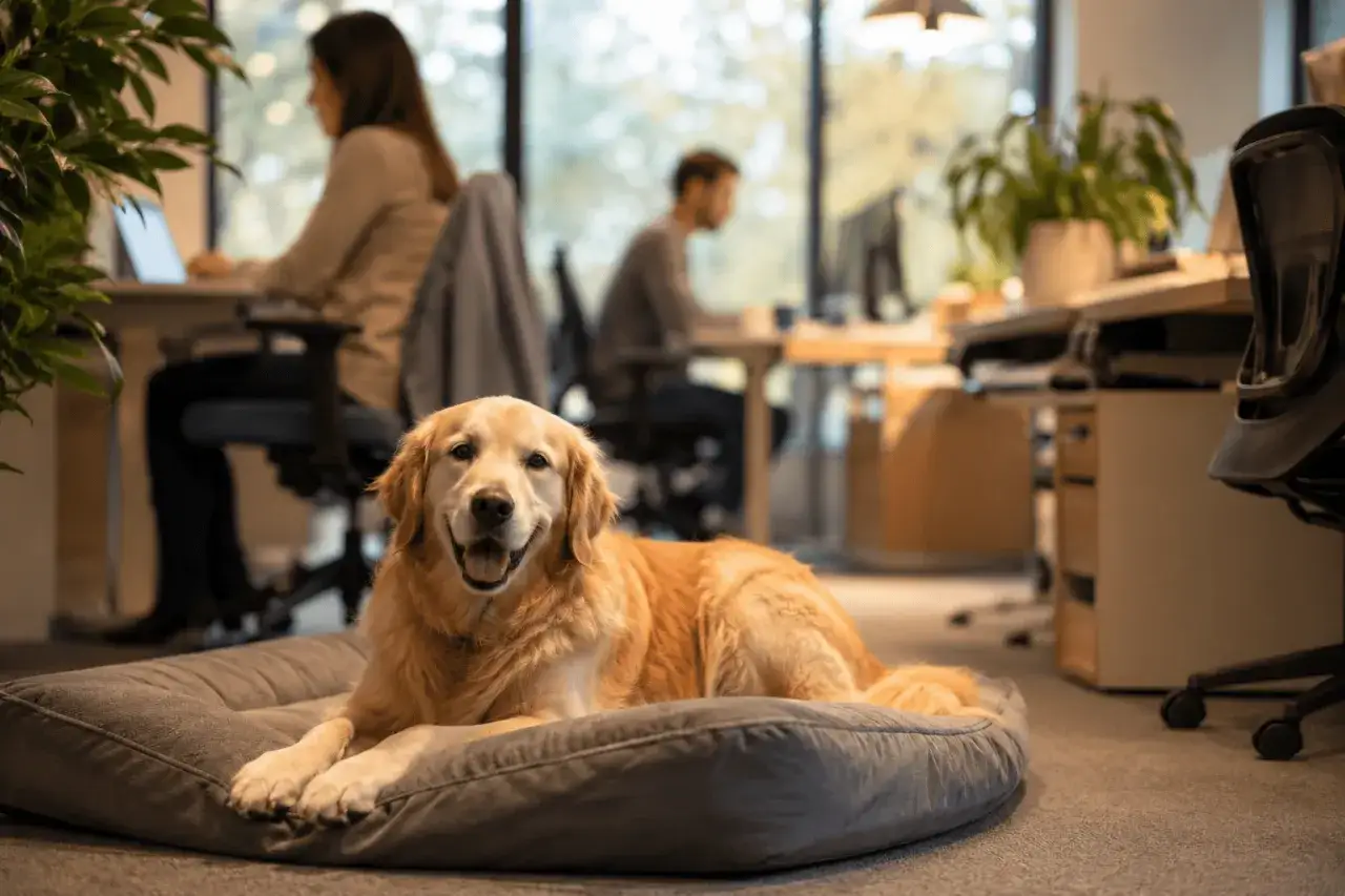 Glad golden retriever vilar p&aring; en hundb&auml;dd p&aring; ett kontor. En arbetsgivare som till&aring;ter hund skapar en trevlig arbetsmilj&ouml;.