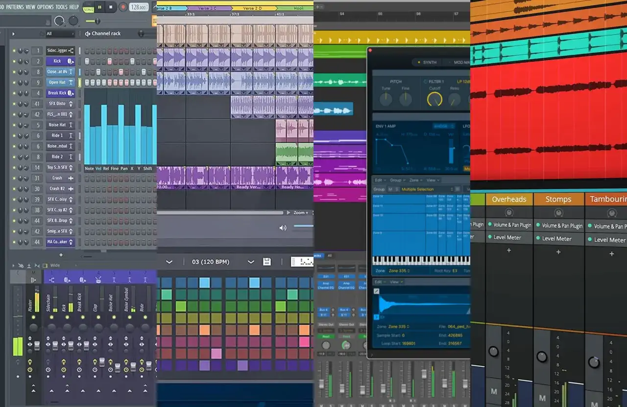 Interface d'un logiciel live de production musicale, affichant une timeline, des pistes audio, un synthétiseur et des faders.