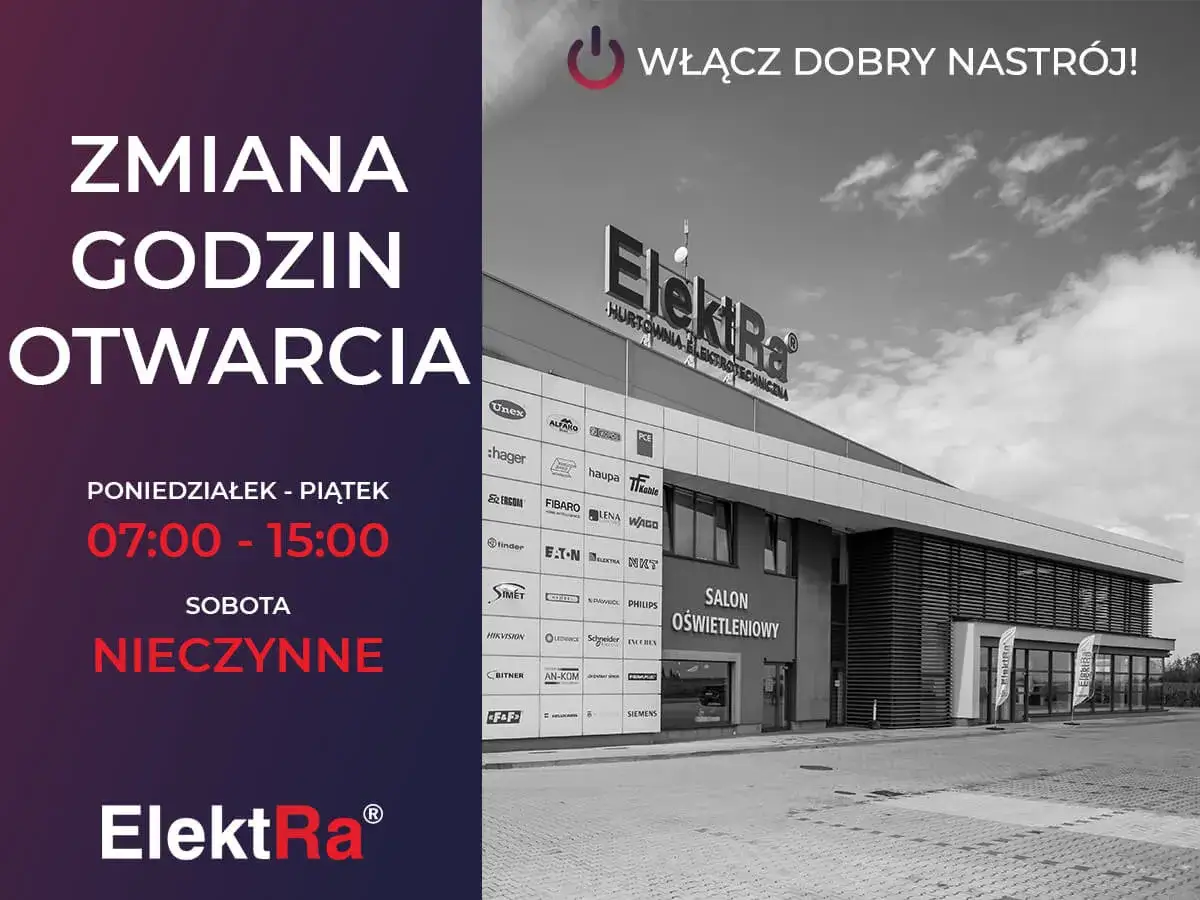 Zmiana godzin otwarcia Elektra Śrem hurtownia z art elektrotechnicznymi. Pon-Pt 7:00-15:00, Sobota nieczynne.