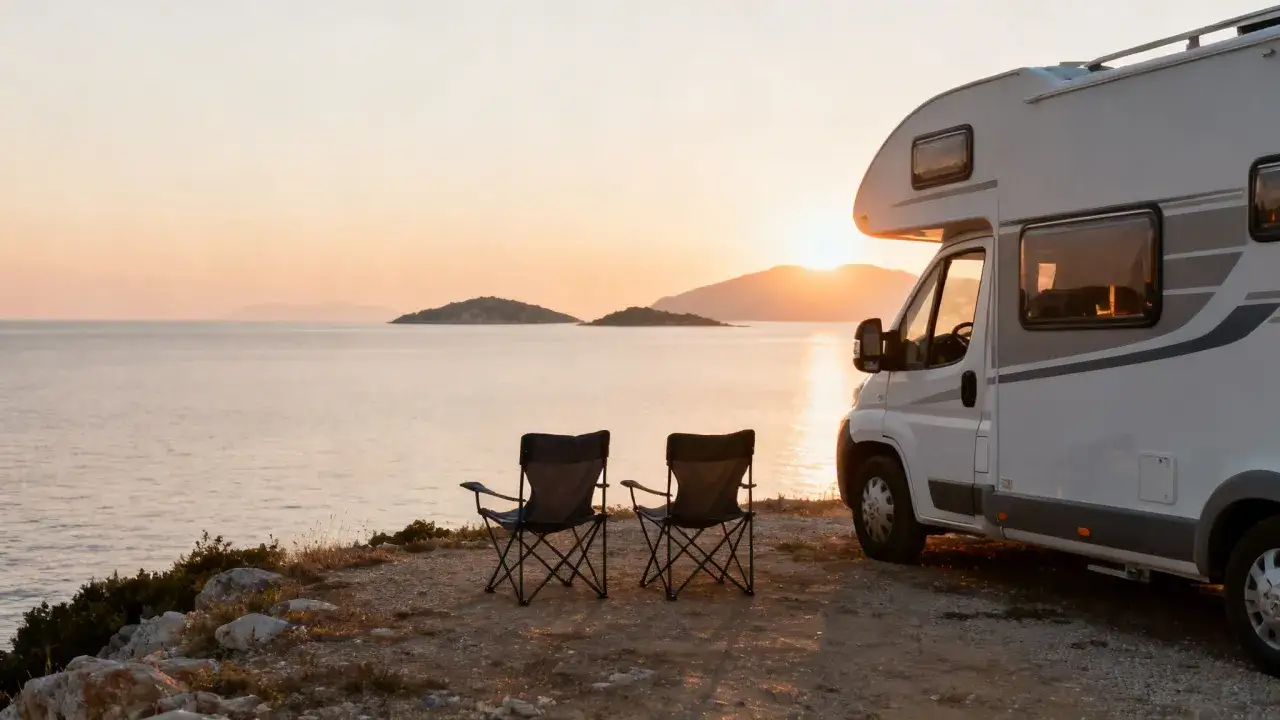 Wohnmobil am Meer bei Sonnenuntergang. Perfektes Wetter in Albanien im August f&uuml;r Camping.