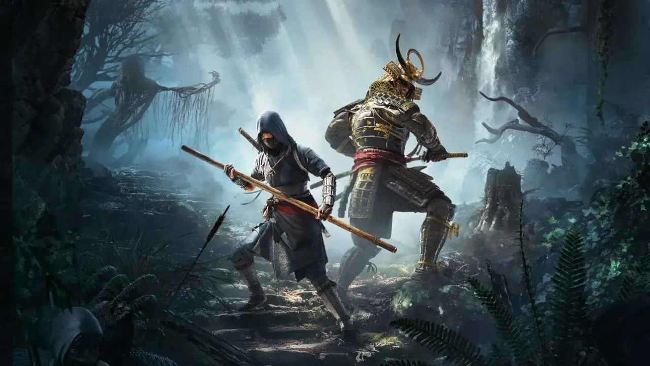 Nowy Assassin's Creed: skradanka w japońskim stylu. Asasyn kontra samuraj w mglistym lesie z wodospadem.