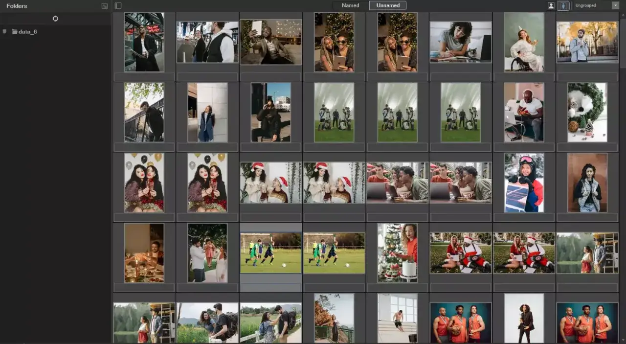 A free AI photo organizer displays a grid of diverse images: people at parties, sports, and everyday moments.