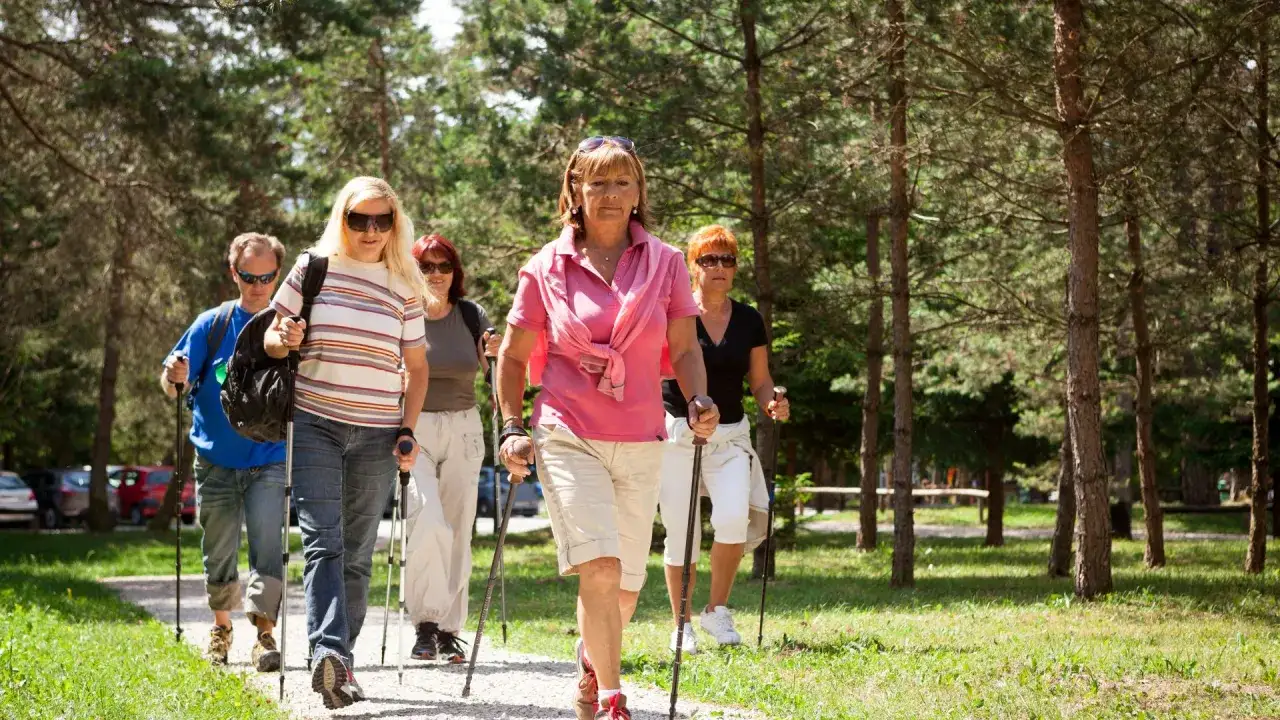 Grupa osób w różnym wieku cieszy się aktywnością na świeżym powietrzu, uprawiając **nordic walking** po leśnej ścieżce.