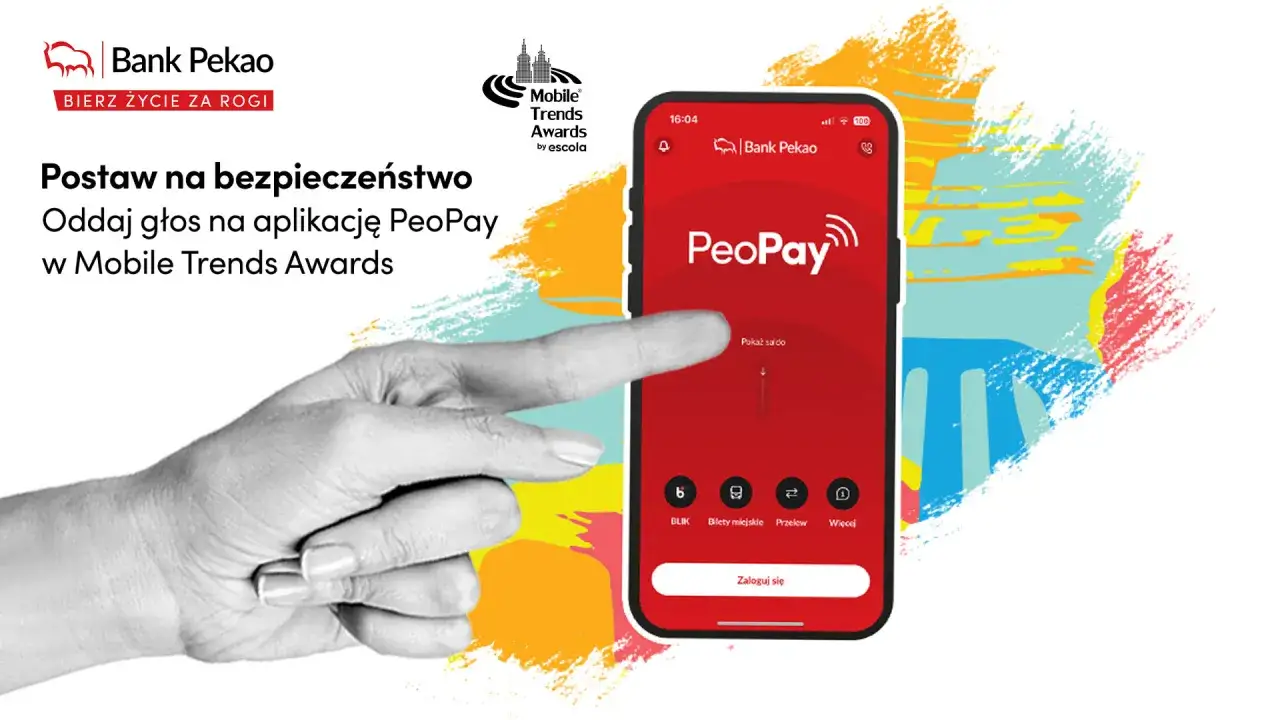 Dłoń zbliża się do ekranu telefonu z aplikacją PeoPay, symbolizując autoryzację i bezpieczeństwo. Głosuj na PeoPay w plebiscycie Mobile Trends Awards.