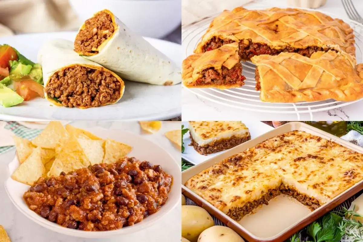 Cuatro deliciosas recetas de carne picada: burritos, pastel salado, chili con carne y pastel de carne con puré.