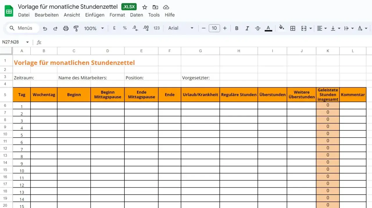 Vorlage f&uuml;r monatliche Stundenzettel. Hier kann man die Arbeitszeit f&uuml;r einen Minijob wie viele Stunden pro Tag eintragen.
