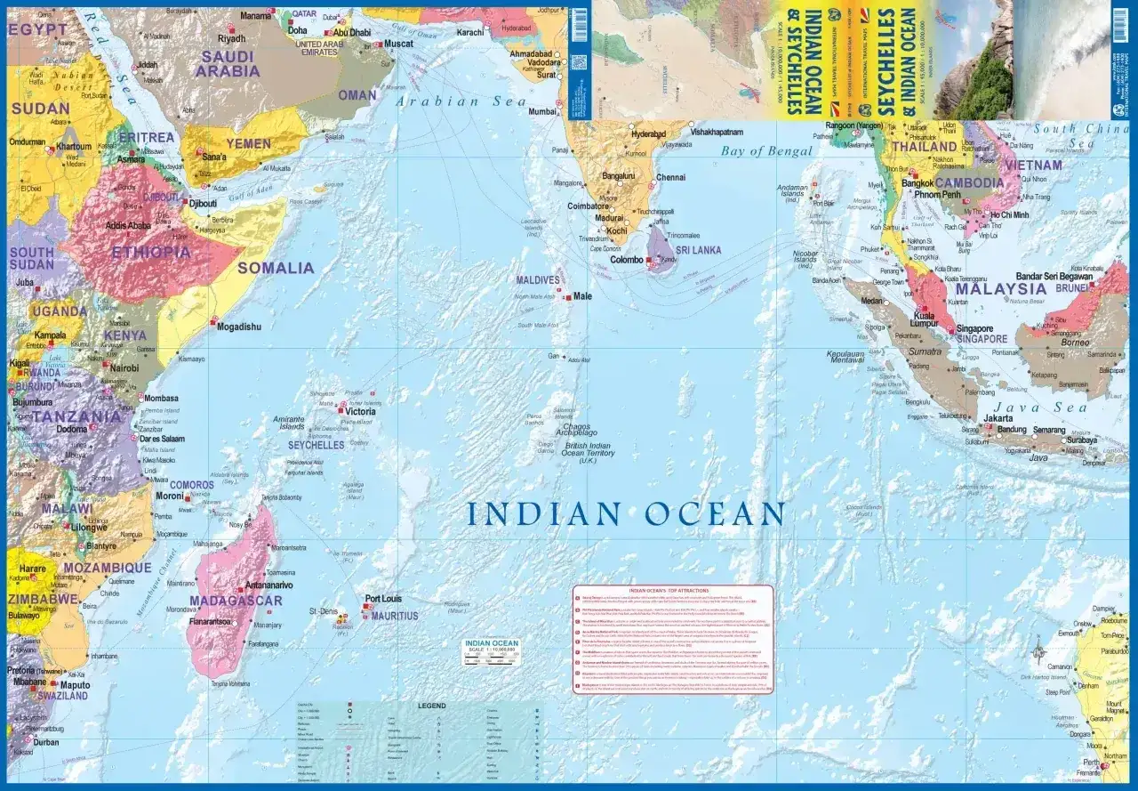 Mapa oceanu Indyjskiego z zaznaczonymi Seszelami, Madagaskarem i innymi wyspami. Widoczna powierzchnia wody i lądów.