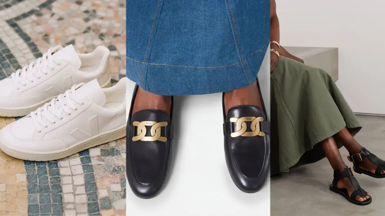 Białe sneakersy, czarne mokasyny z złotym łańcuchem i sandały – kwintesencja stylu moda quiet luxury.