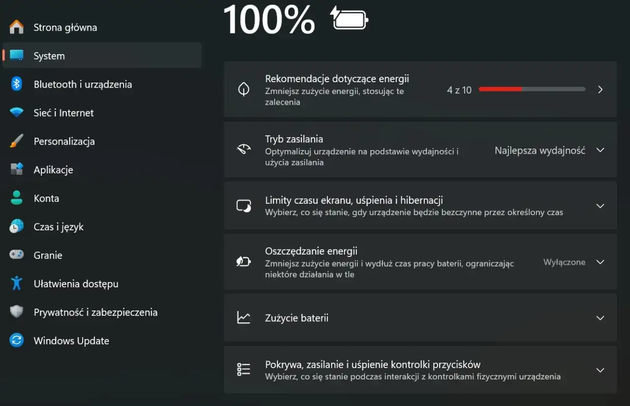 Ustawienia systemu Windows pokazują opcje jak zmniejszyć pobór prądu przez komputer: rekomendacje, tryb zasilania, oszczędzanie energii.
