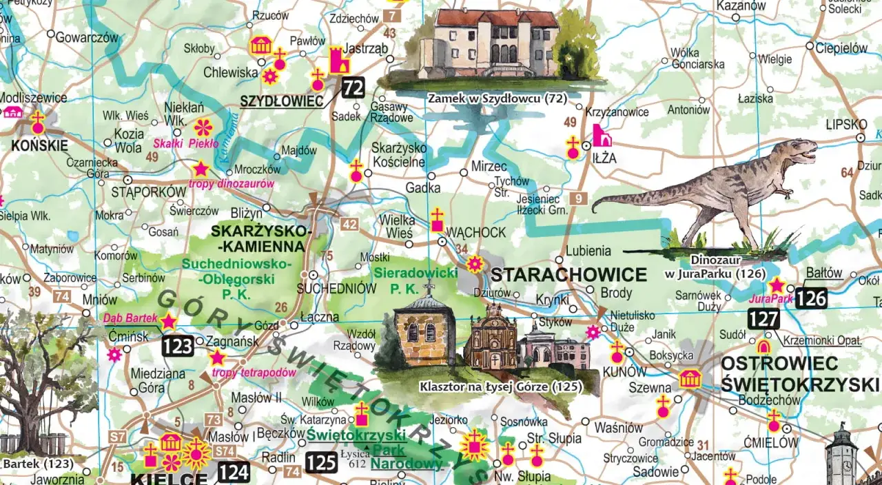 Odkryj polskie wakacje! Mapa Gór Świętokrzyskich z dinozaurem w JuraParku, zamkami i tropami dinozaurów.