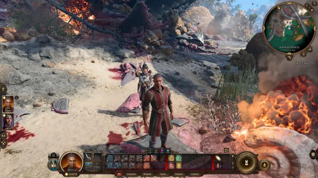 Personajes en Baldur's Gate 3 en una playa devastada, con fuego y restos. &iquest;Cumplen los baldur's gate 3 requisitos?