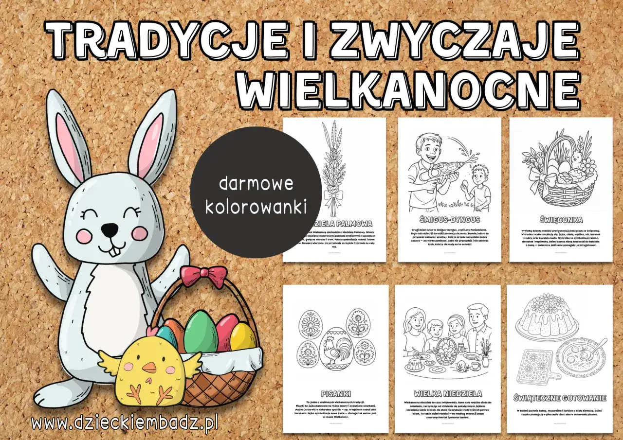 Wielkanocne karty pracy dla dzieci: zajączek, pisanki, święconka, śmigus-dyngus i inne tradycje.