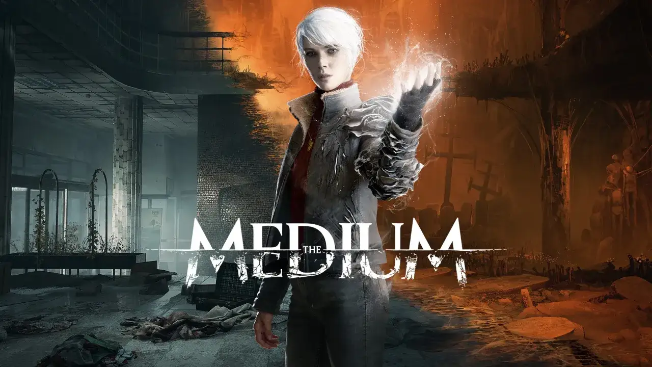 Kobieta z białymi włosami, posiadająca moc medium, stoi w zrujnowanym świecie gry The Medium.