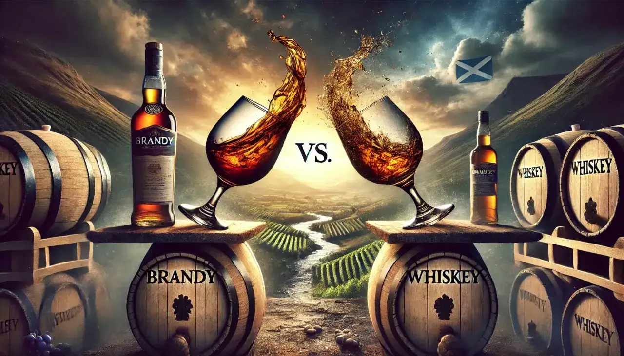 Brandy i whisky w kieliszkach, obok beczek i butelek. Tło to malowniczy krajobraz z winnicami i rzeką.