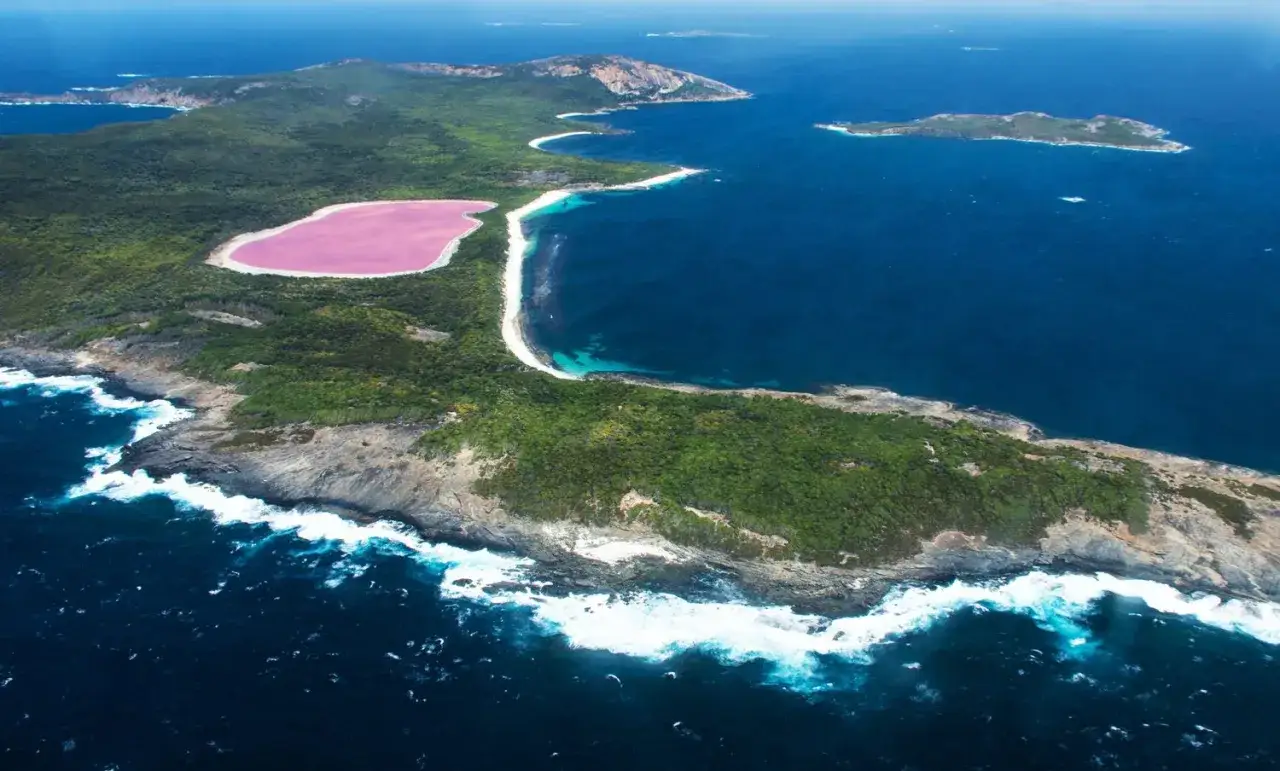 Niezwykłe, różowe jezioro Hillier otoczone zielenią i błękitem oceanu. Widok z lotu ptaka na australijskie wybrzeże.