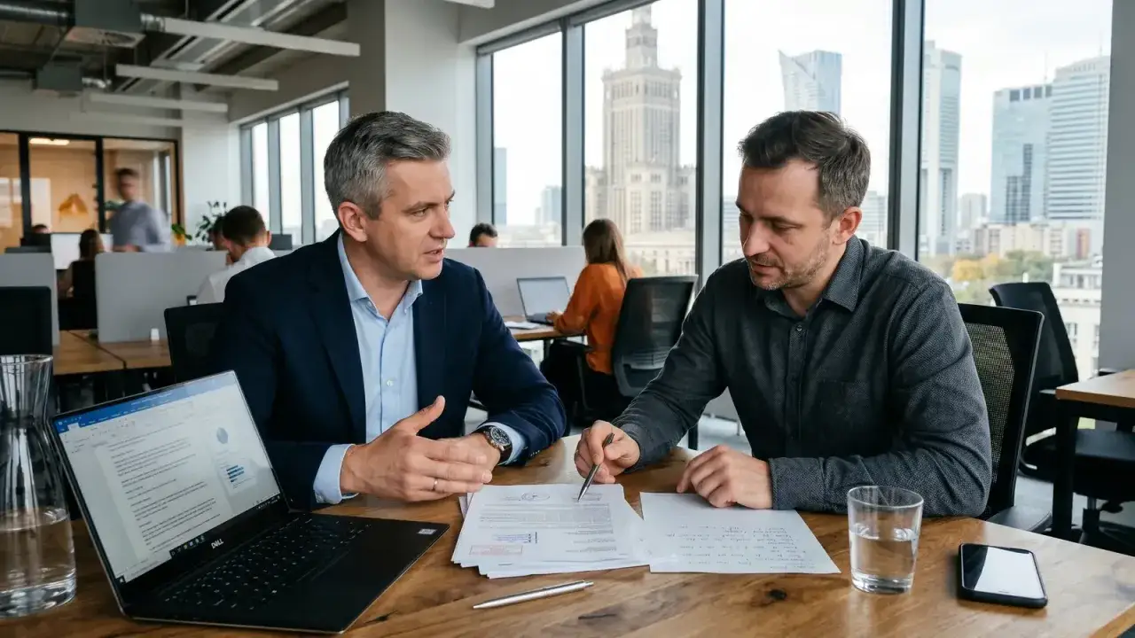 Dwóch mężczyzn dyskutuje nad dokumentami przy biurku, laptopie i szklance wody. To świetny pomysł na biznes, który może zmienić przyszłość.