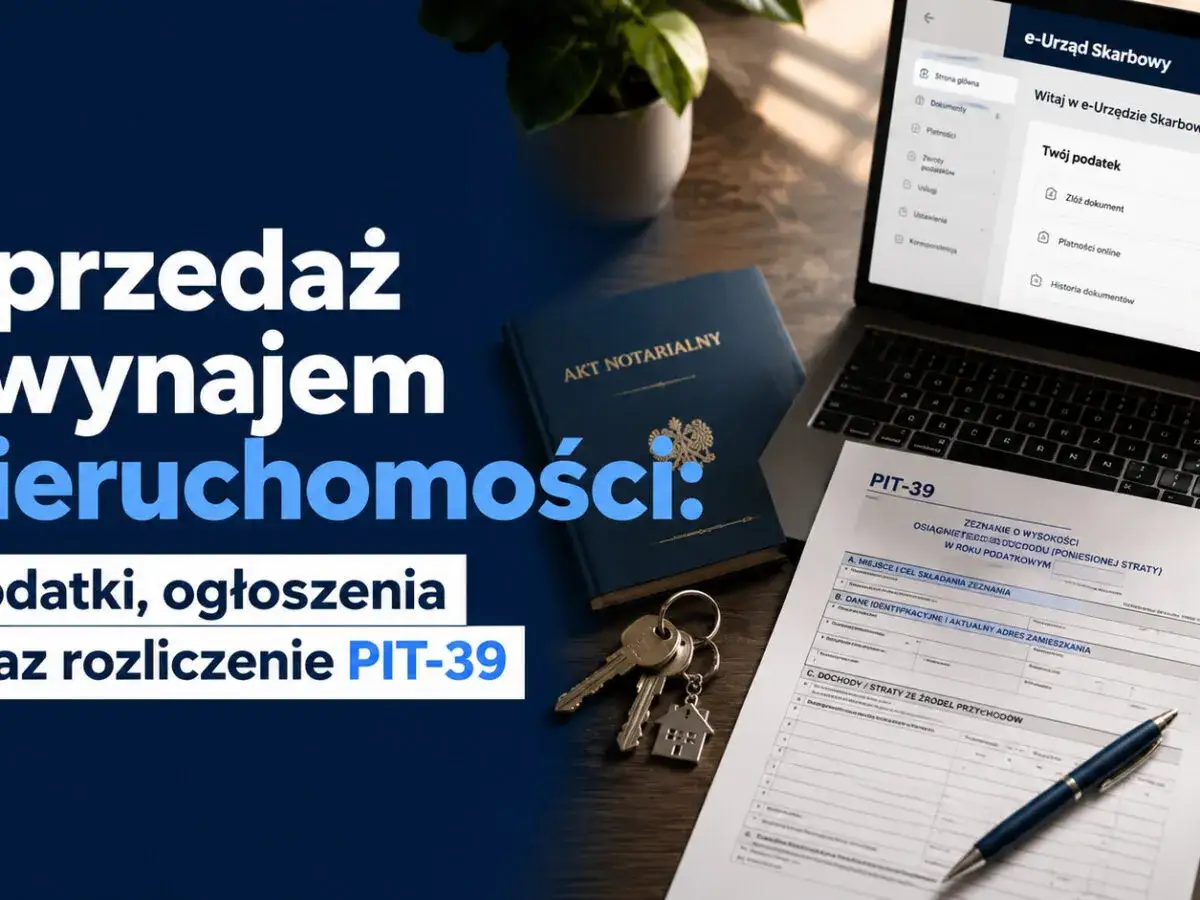 Sprzedaż i wynajem nieruchomości: podatki, ogłoszenia i rozliczenie PIT-39. Na biurku dokumenty, klucze i laptop z e-Urzędem Skarbowym.