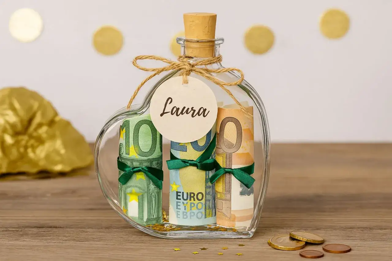 Herzförmige Glasflasche mit gerollten Euro-Scheinen und dem Namen