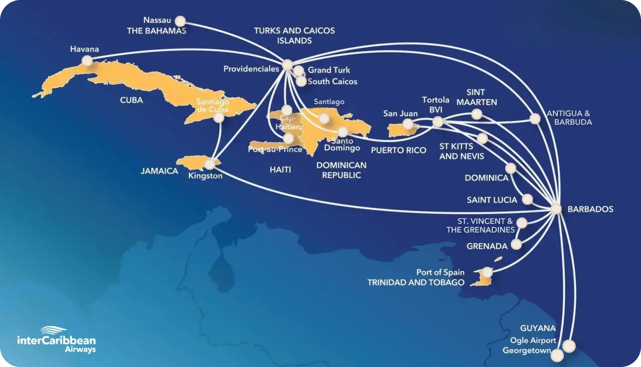 Mapa tras interCaribbean Airways pokazuje, ile się leci na Karaiby, łącząc Kubę, Jamajkę, Haiti, Dominikanę, Portoryko i wiele wysp.
