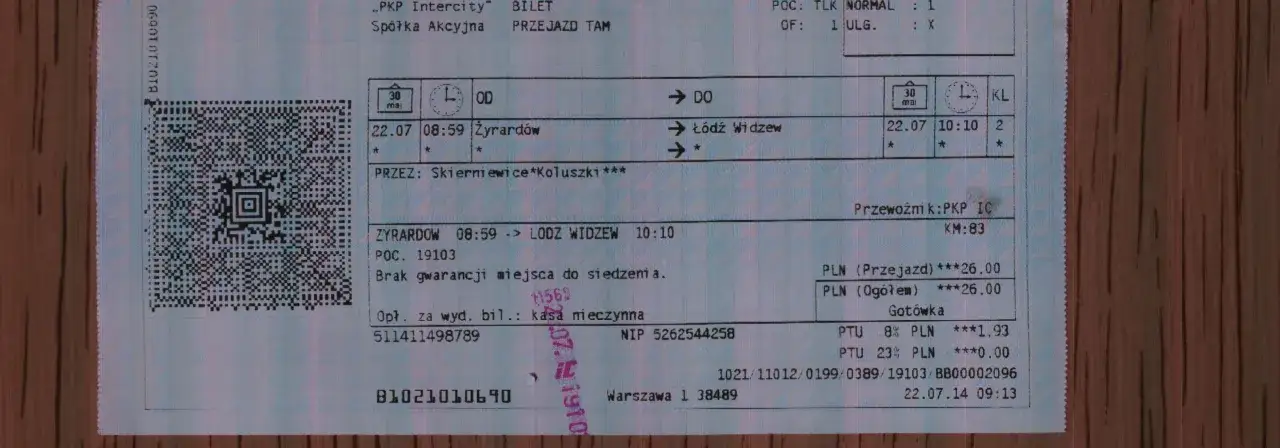 Bilet PKP Intercity z Żyrardowa do Łodzi Widzew. Brak gwarancji miejsca. Czy w IC można kupić bilet u konduktora? Nie, kasa była nieczynna.