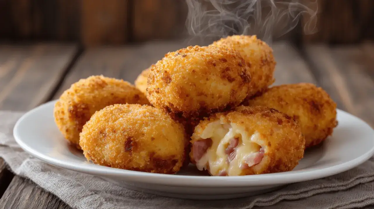 Une assiette de croquetas de jambon dorées et fumantes, dont l'une est coupée pour révéler un cœur fondant au fromage et au jambon.
