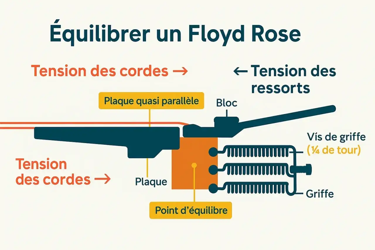 Diagramme expliquant l'&eacute;quilibre d'un Floyd Rose, montrant la tension des cordes et des ressorts sur une guitare.