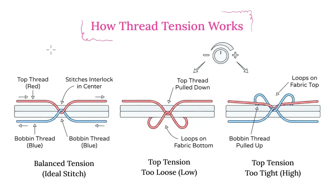 Diagrams illustrate how sewing machine tension affects stitches: balanced tension creates interlocking stitches, too loose tension pulls the top thread down, and too tight tension pulls the bobbin thread up.