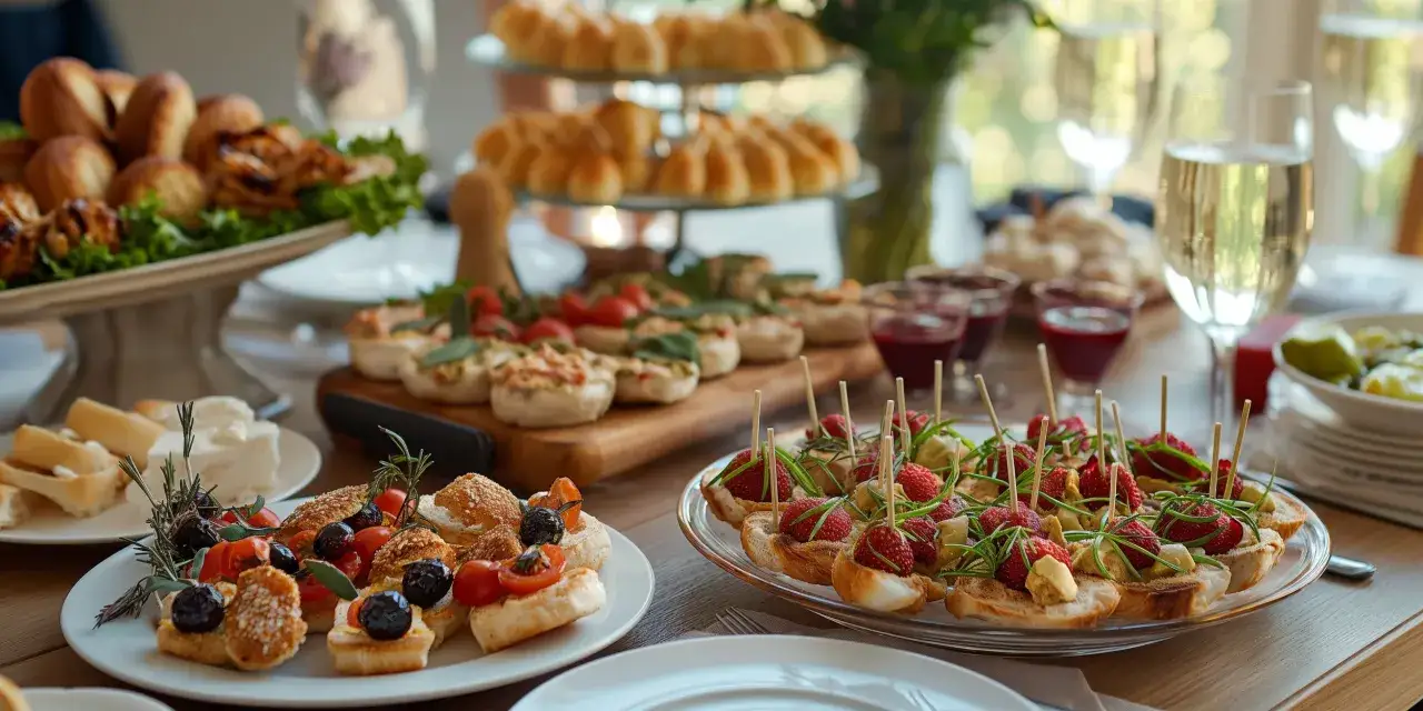 Stół uginający się od przekąsek w stylu a la carte: mini tarty, kanapeczki z owocami i oliwkami, pieczywo, ser.