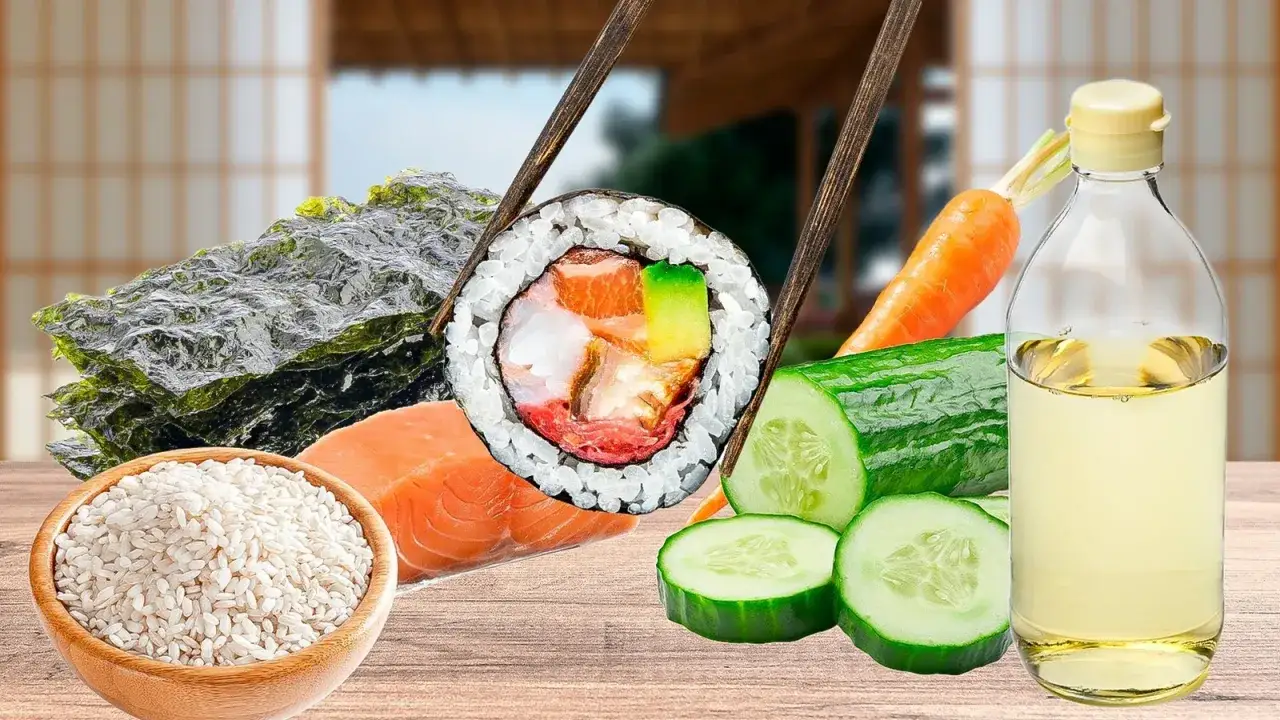Ingredienser för egen sushi: ris, lax, nori, gurka, morot och risvinäger.