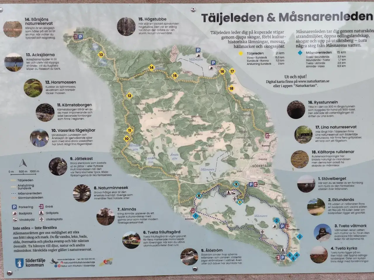 Mapa turystyczna Szwecja: T&auml;ljeleden i M&aring;snarenleden. Szlaki wiodą przez lasy, tereny kulturowe, mokradła i punkty widokowe.