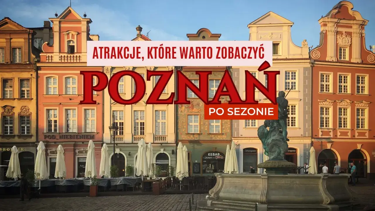 Kolorowe kamienice na Starym Rynku w Poznaniu, fontanna z Neptunem i napisy 