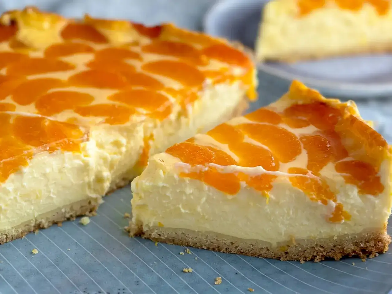 Ein saftiger Schmandkuchen mit Mandarinen, dessen cremige Füllung und fruchtige Mandarinenstücke auf einem knusprigen Boden verlocken.