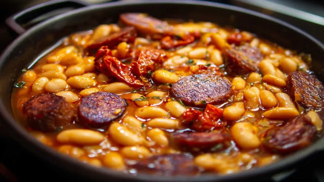 Un reconfortante guiso de alubias blancas con rodajas de chorizo y tomates secos en una sart&eacute;n de hierro fundido.