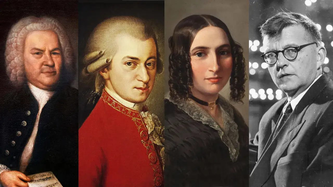 Vier ber&uuml;hmte klassische Musik-K&uuml;nstler: Bach, Mozart, Clara Schumann und Schostakowitsch.