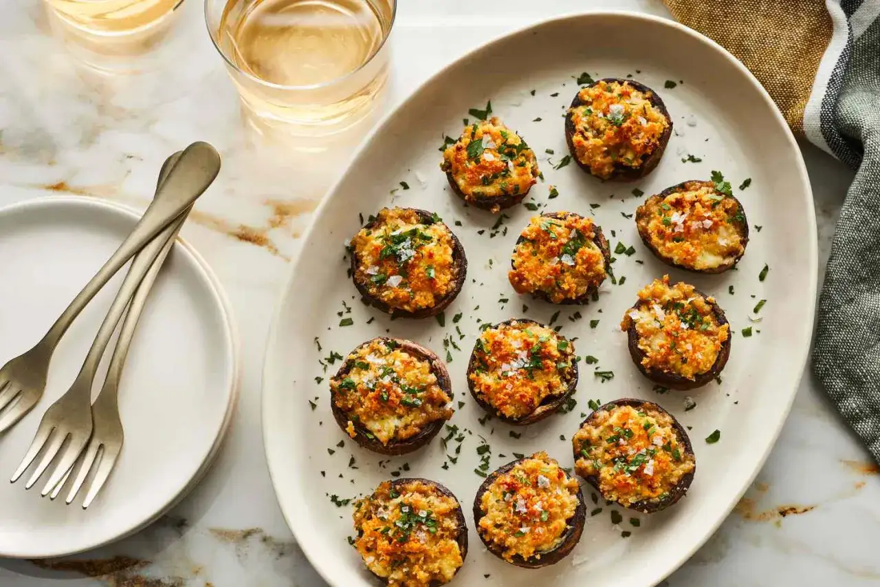 Pyszne pieczarki faszerowane, idealne jako amuse bouche. Posypane natką pietruszki i solą, prezentują się apetycznie.