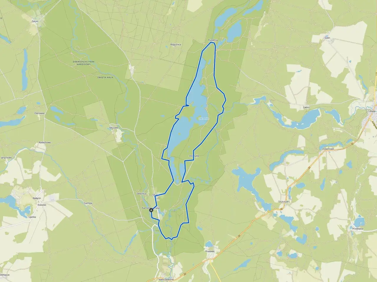 Mapa z zaznaczoną trasą rowerową wokół jezior, idealna na jedne z najpiękniejszych tras rowerowych lubuskie.