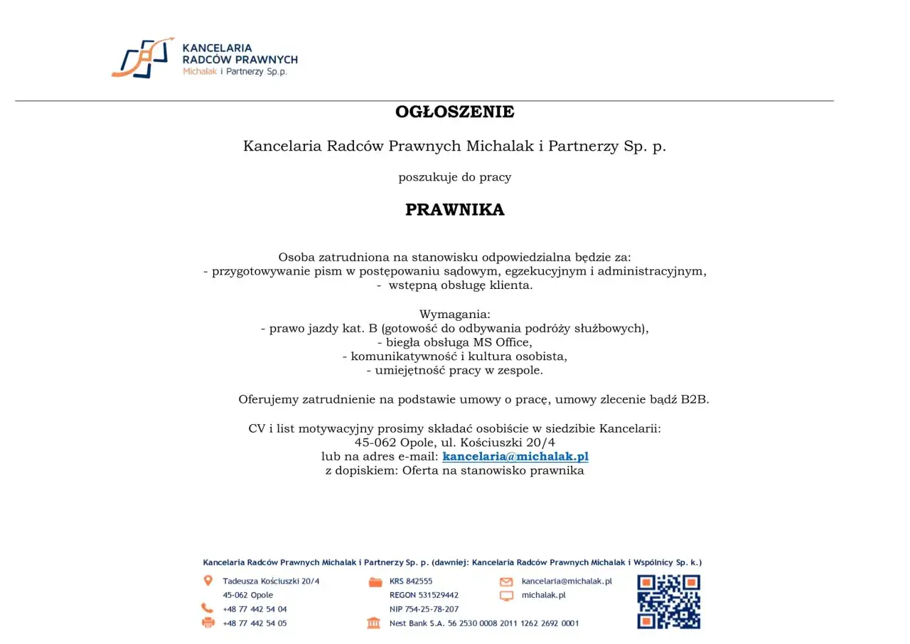 Ogłoszenie o pracę dla prawnika w kancelarii. Wymagane prawo jazdy kat. B, znajomość MS Office, komunikatywność. Gdzie można pracować po prawie bez aplikacji? Tutaj!