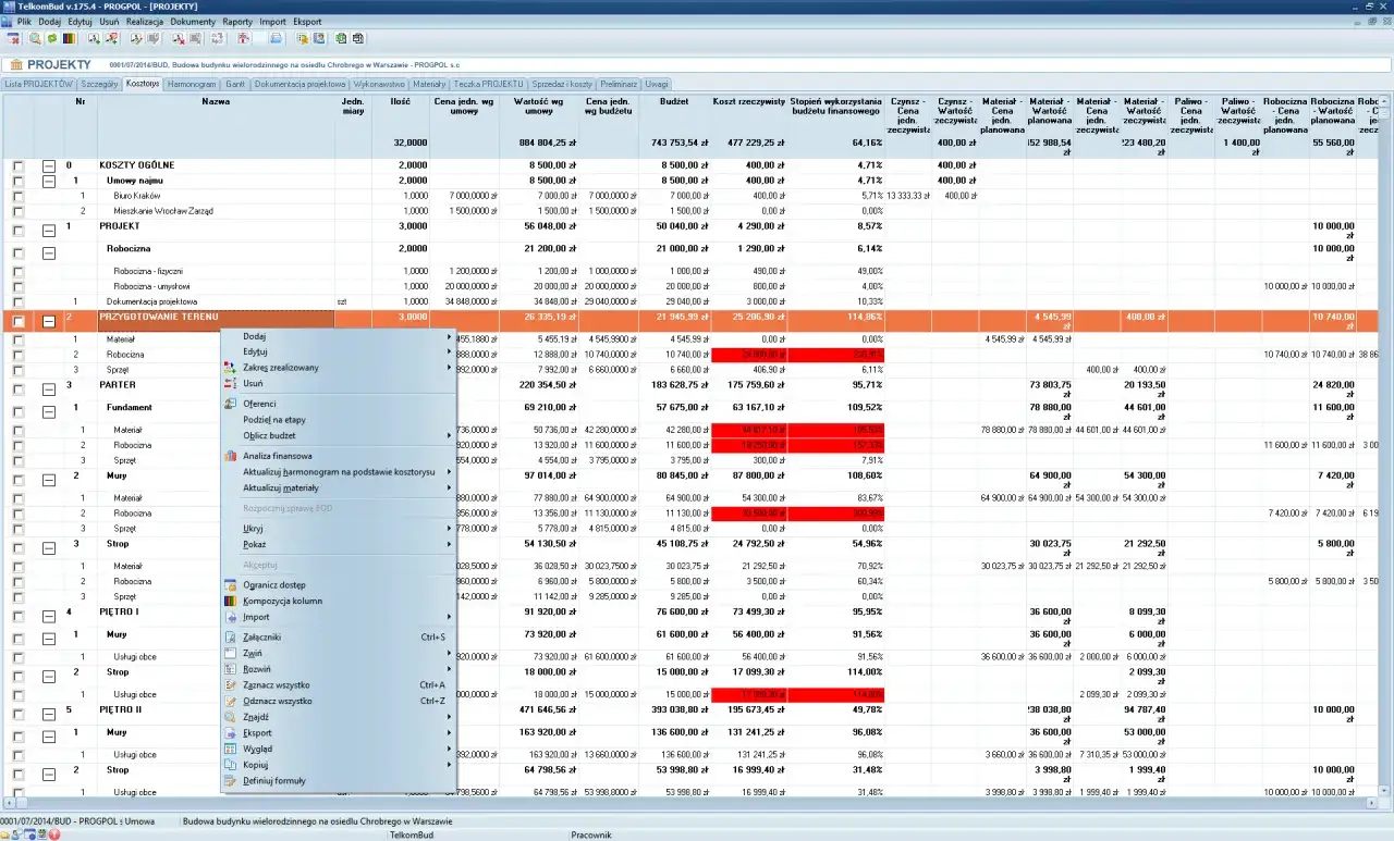 Szczegółowy kosztorys budowlany wzór Excel z podziałem na etapy, materiały i robociznę.