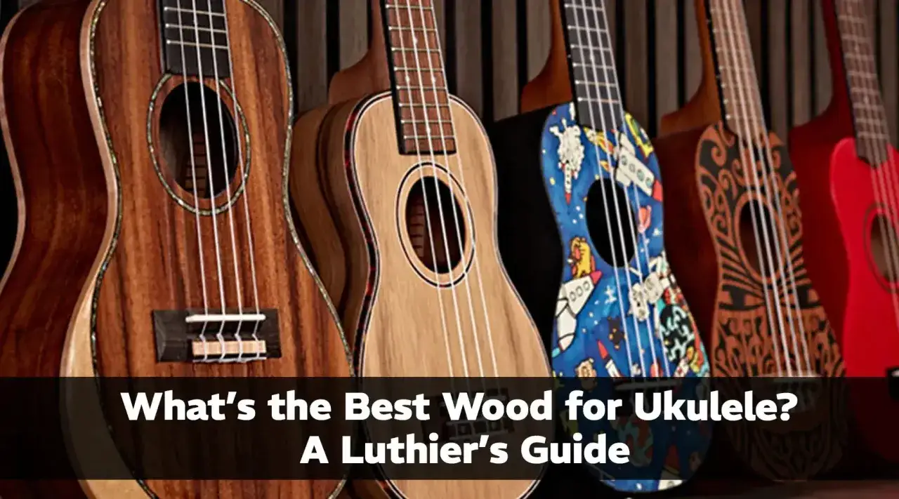 Rząd ukulele z różnego drewna, od klasycznego po zdobione. Poznaj najlepsze drewno na gitarę i ukulele.