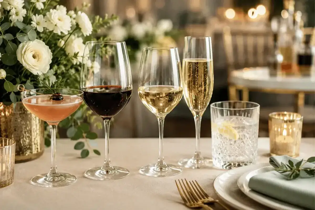 Elegante Gl&auml;ser mit Rotwein, Wei&szlig;wein und Champagner. So trinkt man Champagner: mit Stil und Freude.