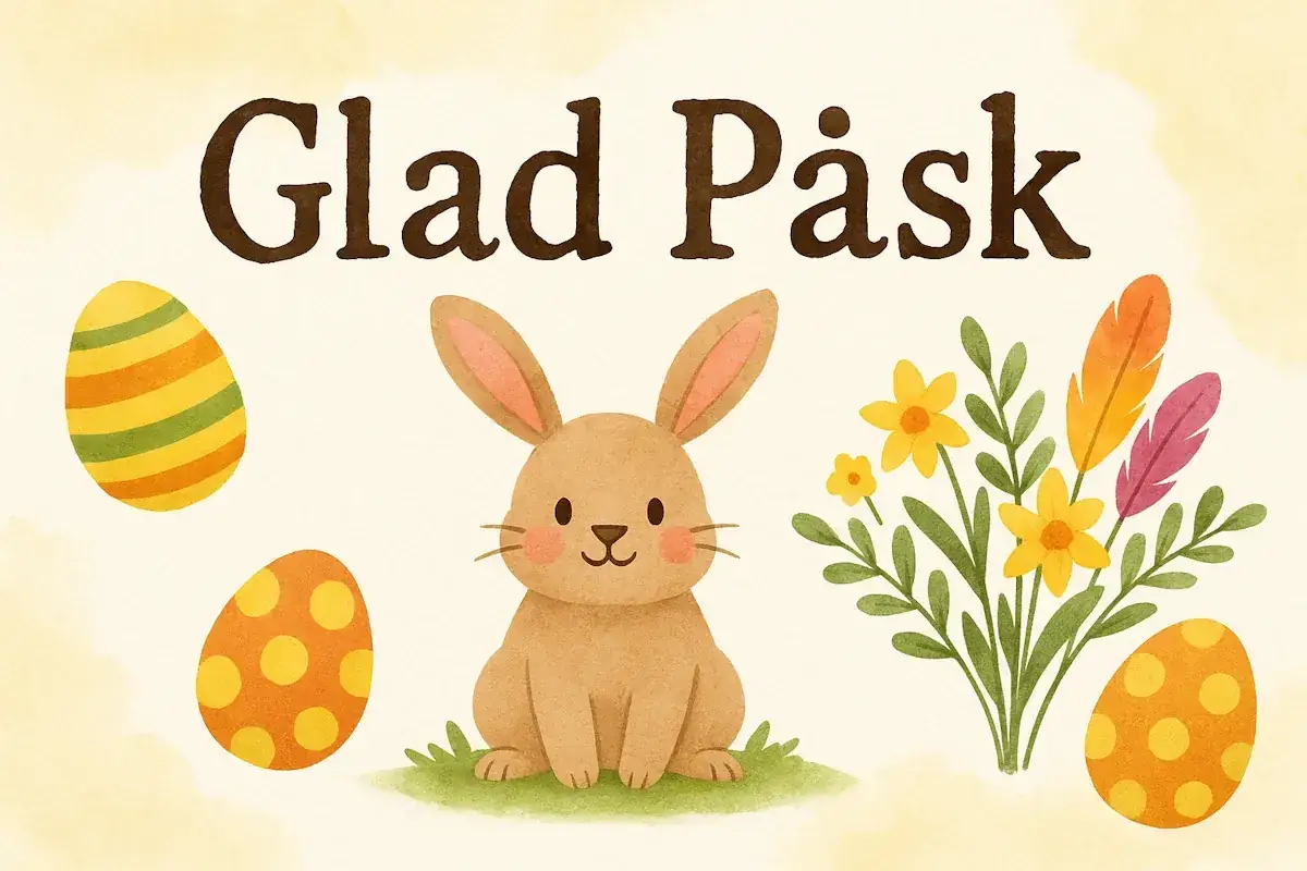 Glad P&aring;sk! En s&ouml;t kanin sitter bland p&aring;sk&auml;gg och blommor.