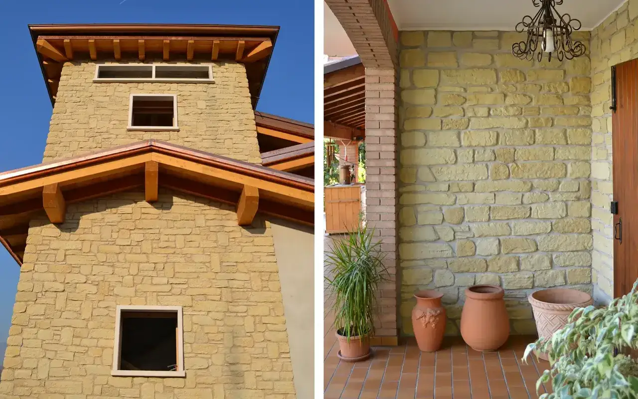 Dettagli di facciate in pietra e mattoni, con elementi in legno e vasi in terracotta.