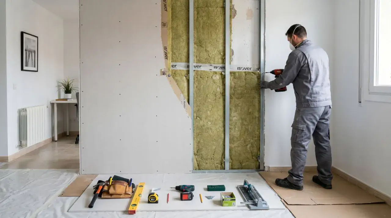 Trabajador instala aislamiento t&eacute;rmico en paredes. Consulta el aislamiento t&eacute;rmico paredes precio para optimizar tu inversi&oacute;n.