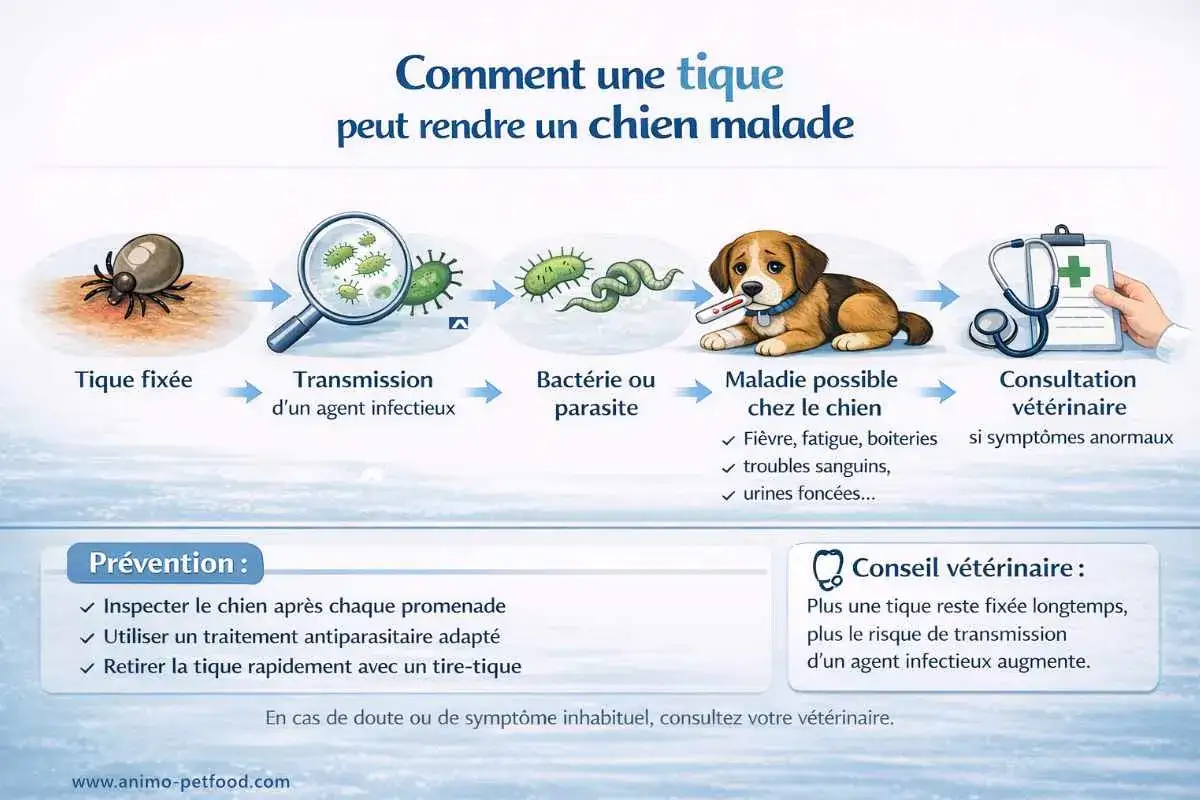 Un chien boule de poil malade, avec une tique, des bactéries et un thermomètre. Prévention et conseils vétérinaires.