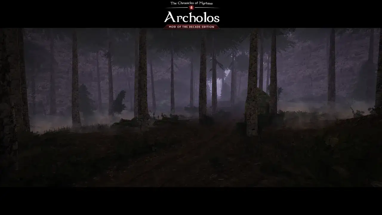 Mroczny las w grze Archolos, części Kroniki Myrtany 2.0, spowity mgłą.